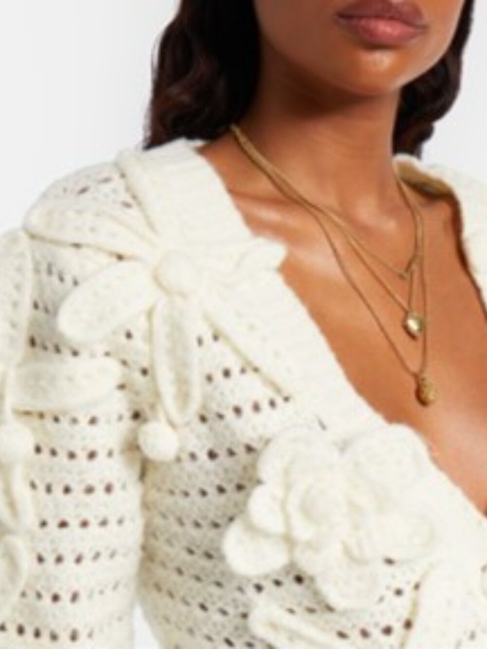 FARM Rio Ivory 3D Floral Crochet Puff Sleeve Cardigan Sweater